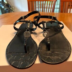 Coach Black T-Strap Sandals with Metallic Charm